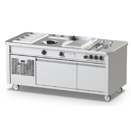 Mobile cooking station with induction wok,teppanyaki, pasta cooker, refrigerated undercounter