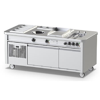 Mobile cooking station with induction wok,teppanyaki, pasta cooker, refrigerated undercounter