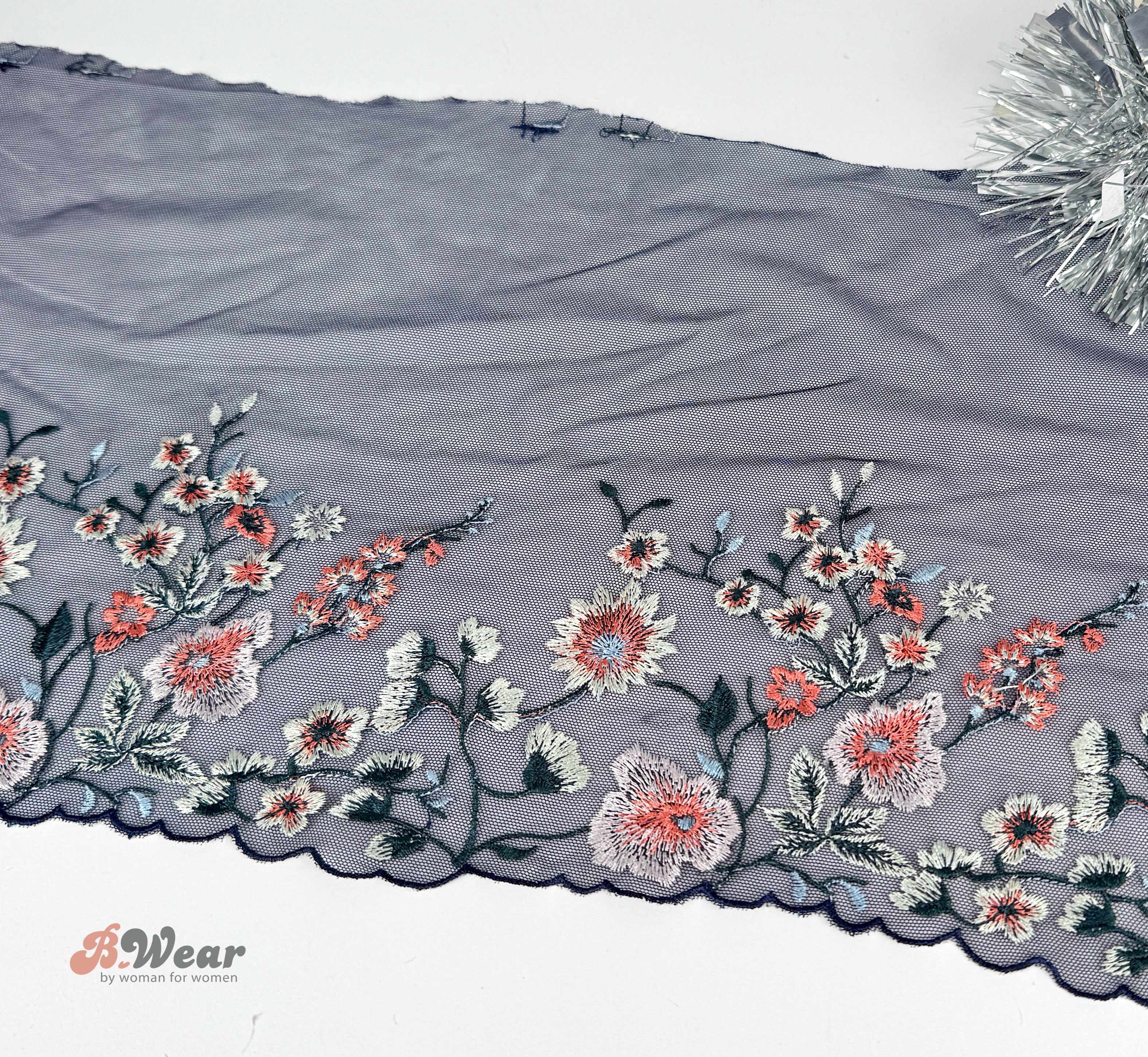 Non-stretch tulle lace in navy blue white pink flowers - 20 cm