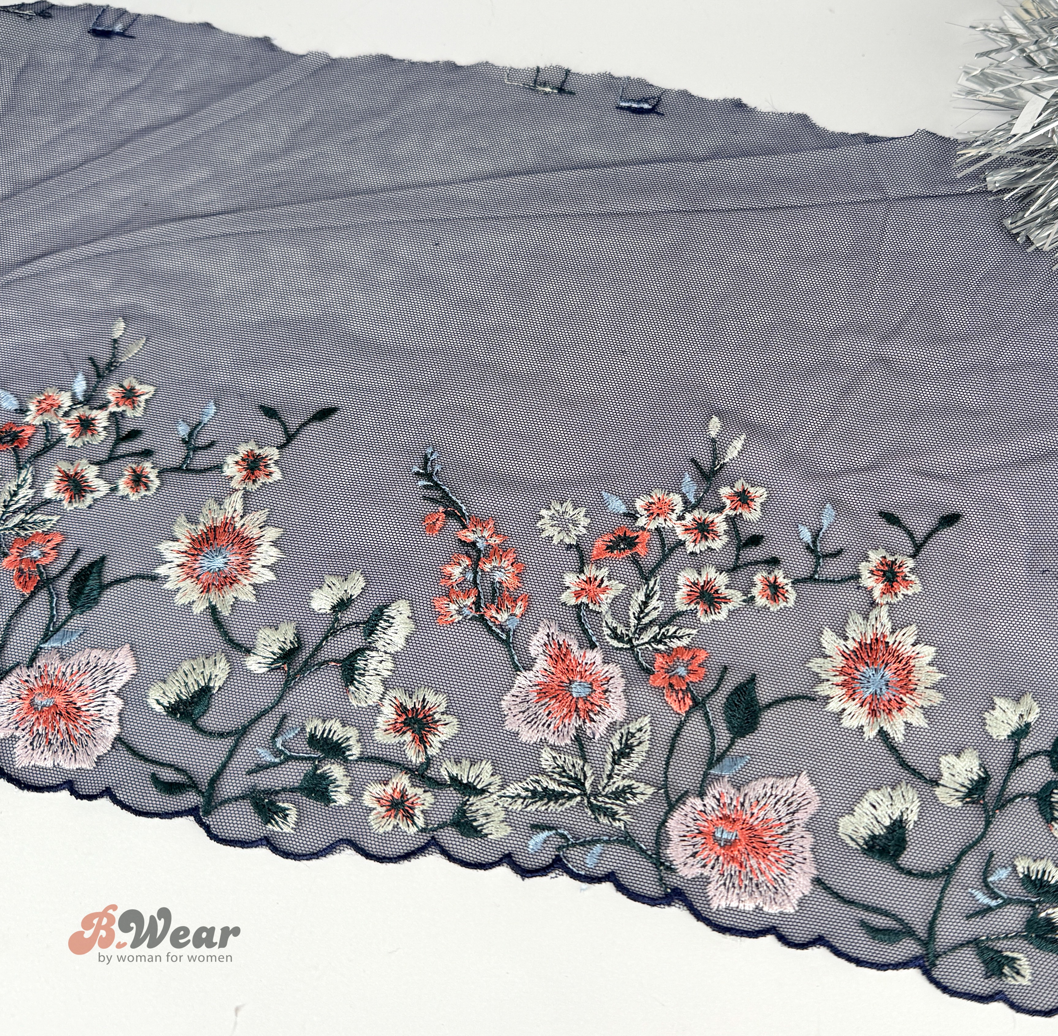 Non-stretch tulle lace in navy blue white pink flowers - 20 cm - 2