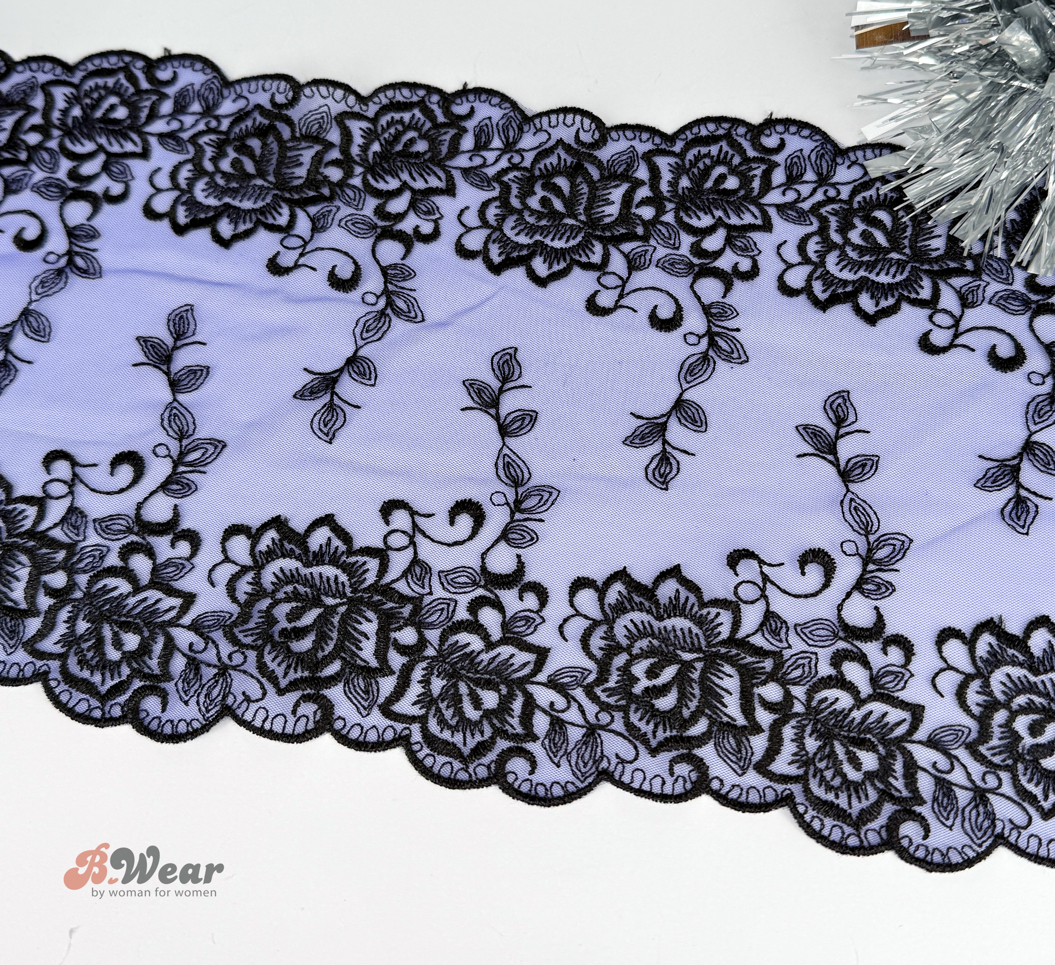 Non-stretch tulle lace in cornflower blue and black - 18 cm