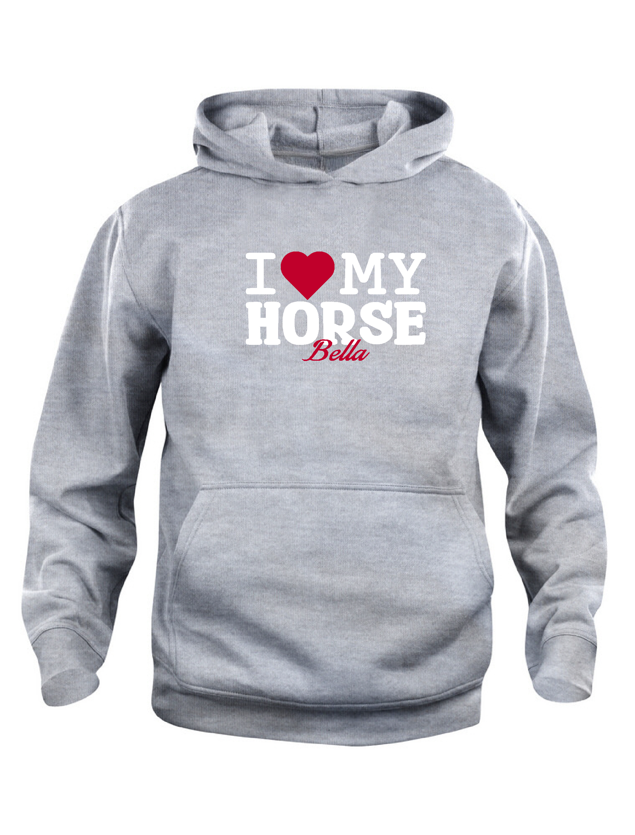 Hoodie Barn  I LOVE MY HORSE - "HÄSTENS NAMN" -Ljusgrå