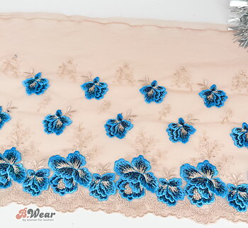 Stretch mesh lace beige with beautiful flowers in sea blue - 24 cm