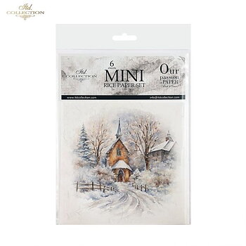 Set med 6 olika  motiv kyrka i vintermiljö