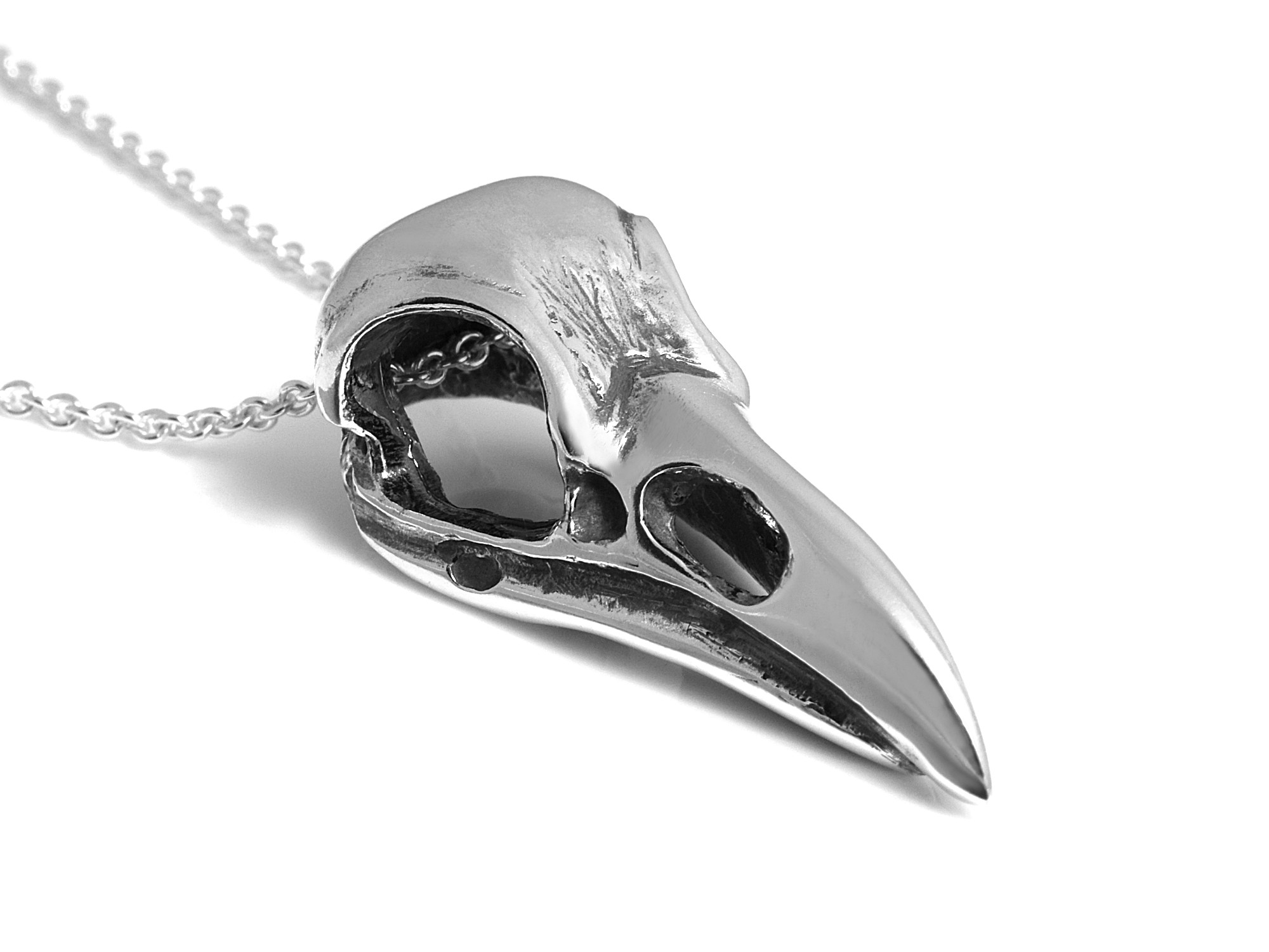 Korpskalle Halsband, Korp Döskalle Hänge, Fågelskalle Smycke i Äkta Silver