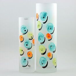 Monica Backström (Candy 2004) Two Frosty Cylinder Vases with Colorful Decor 26–32 cm