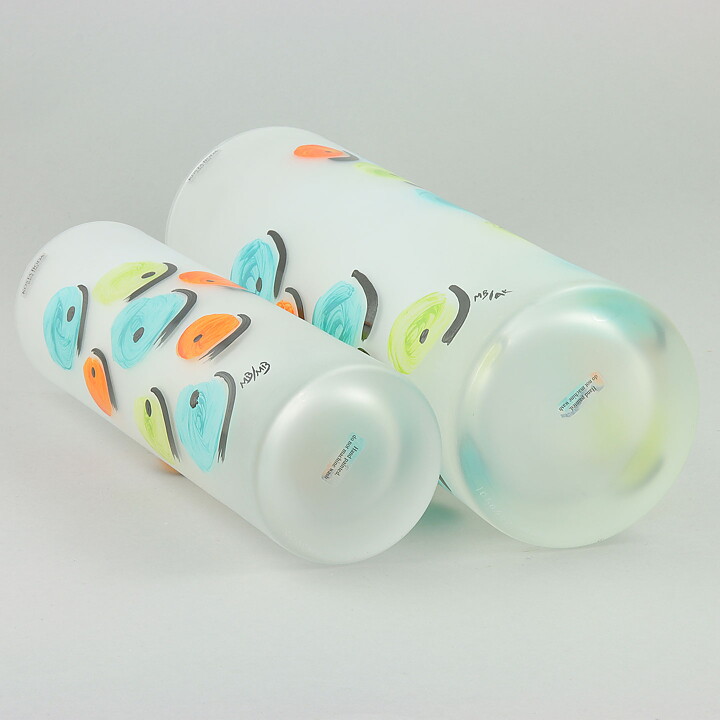 Monica Backström (Candy 2004) Two Frosty Cylinder Vases with Colorful Decor 26–32 cm
