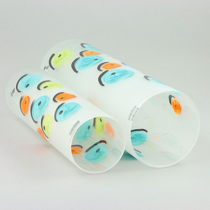 Monica Backström (Candy 2004) Two Frosty Cylinder Vases with Colorful Decor 26–32 cm
