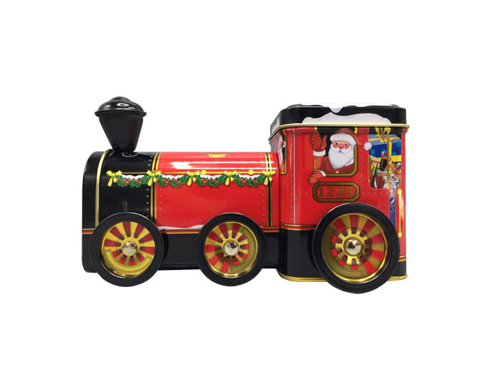 Plåtburk tåg / lok jultomte 18 cm
