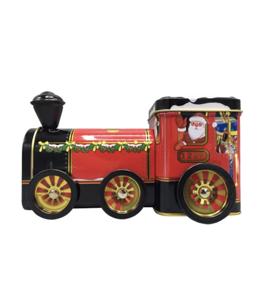 Plåtburk tåg / lok jultomte 18 cm