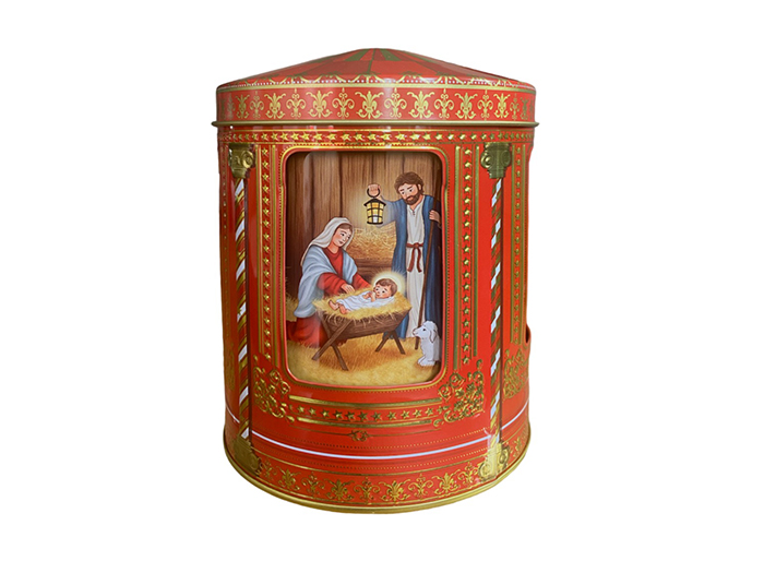 Plåtburk speldosa julkrubba röd 16 cm - 7