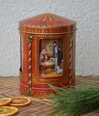Plåtburk speldosa julkrubba röd 16 cm