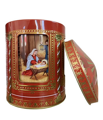 Plåtburk speldosa julkrubba röd 16 cm