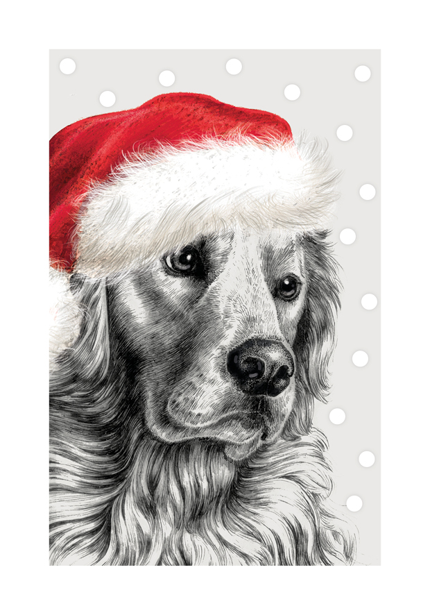 Dubbelvikt kort - Xmas Golden Retriever in Hat