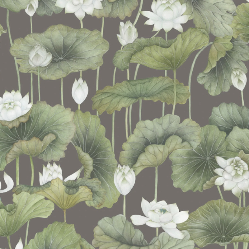 TAPET LILY LOTUS, White on Charcoal