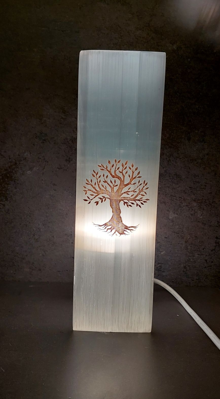 Rektangulär (Kubisk) Selenit Lampa  med Livets Träd- 25cm