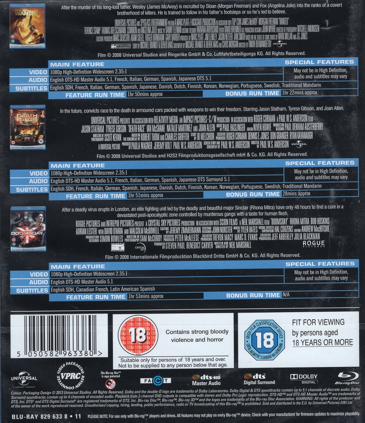 Wanted / Death Race / Doomsday (ej svensk text på Doomsday) (Blu-Ray) - 2