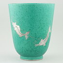 Wilhelm Kåge (Argenta 1947) Green Widening Vase with Fish Decor 19 cm