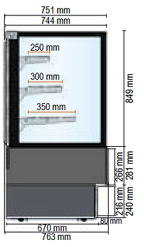 Hot display counter with 3 shelves and vertical front glass
