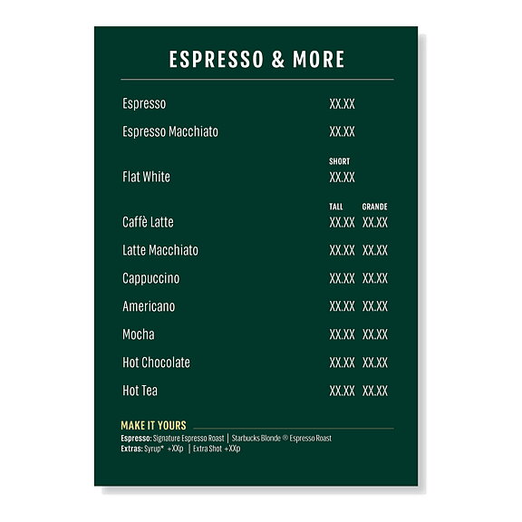 Starbucks A3  menyskylt 