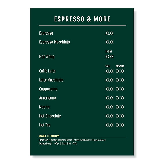 Starbucks A3  menyskylt 
