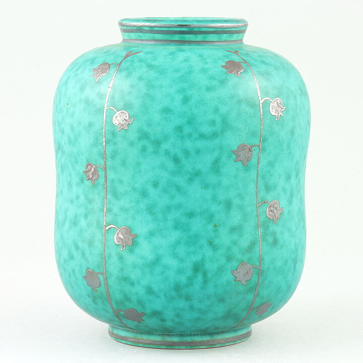 Wilhelm Kåge (Argenta 1959) Green Vase with Lily of the Valley Flower Motif 12 cm (2)