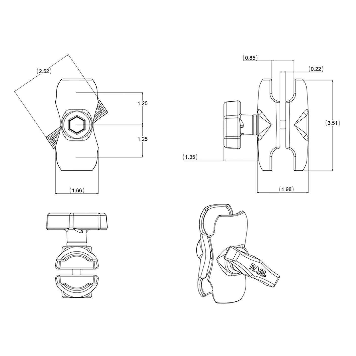 RAM Double Ball Socket Arm - Short Arm (C-Ball) - 2