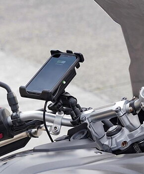 RAM QUICK-GRIP holder with wireless charging. B-ball and cables for connection to motorcycle.