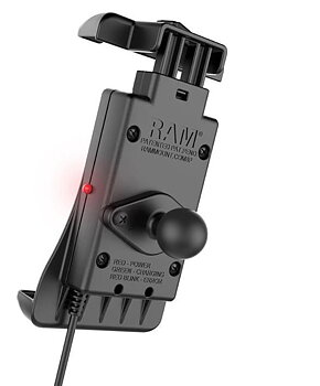 RAM QUICK-GRIP holder with wireless charging. B-ball and cables for connection to motorcycle.