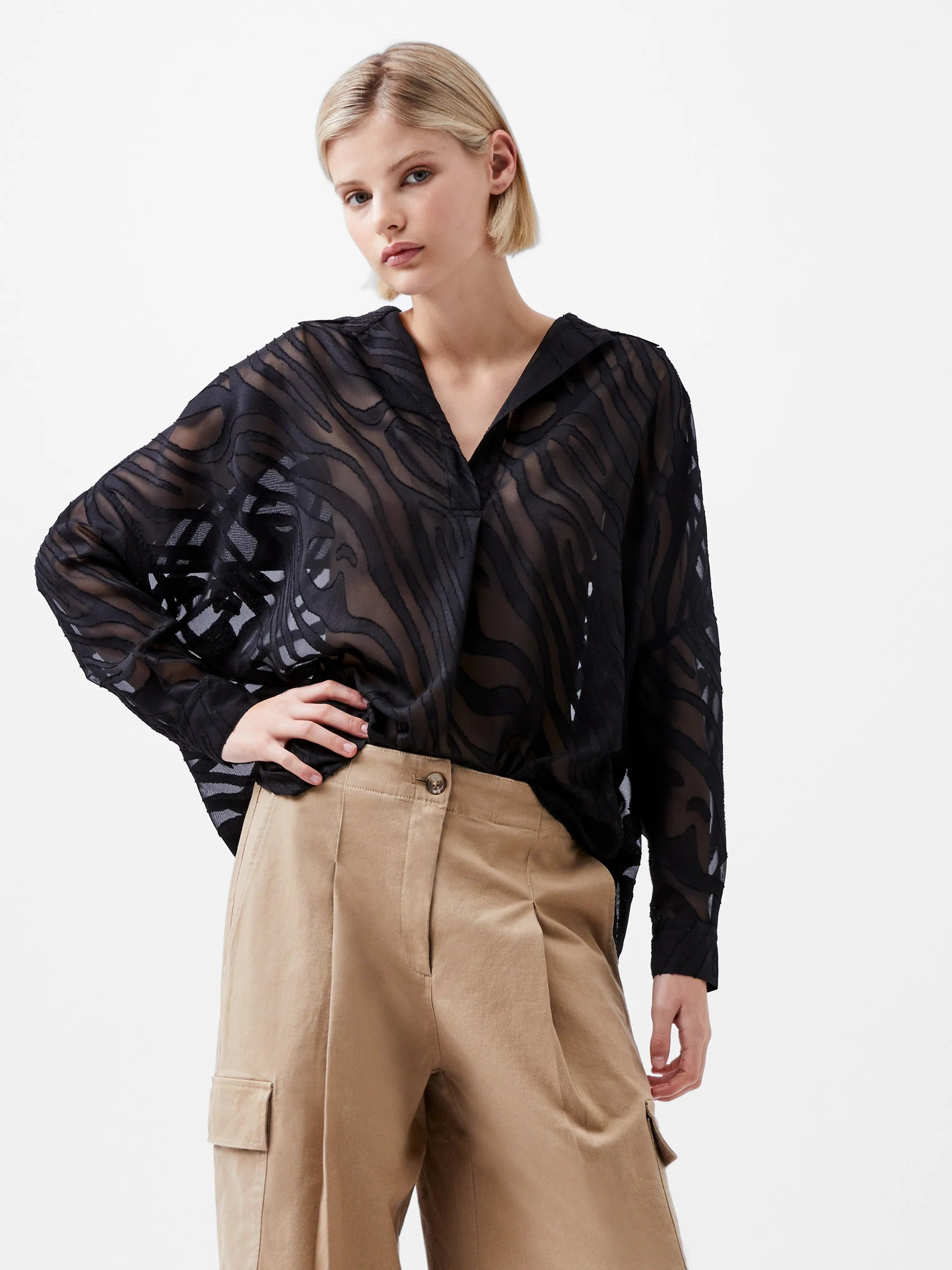 Zebra Devore Popover Shirt - Black - French Connection