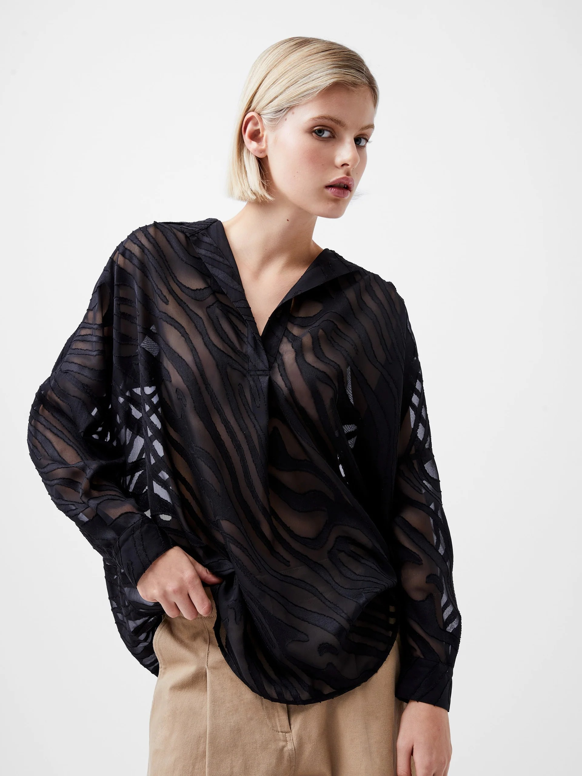 Zebra Devore Popover Shirt - Black - French Connection