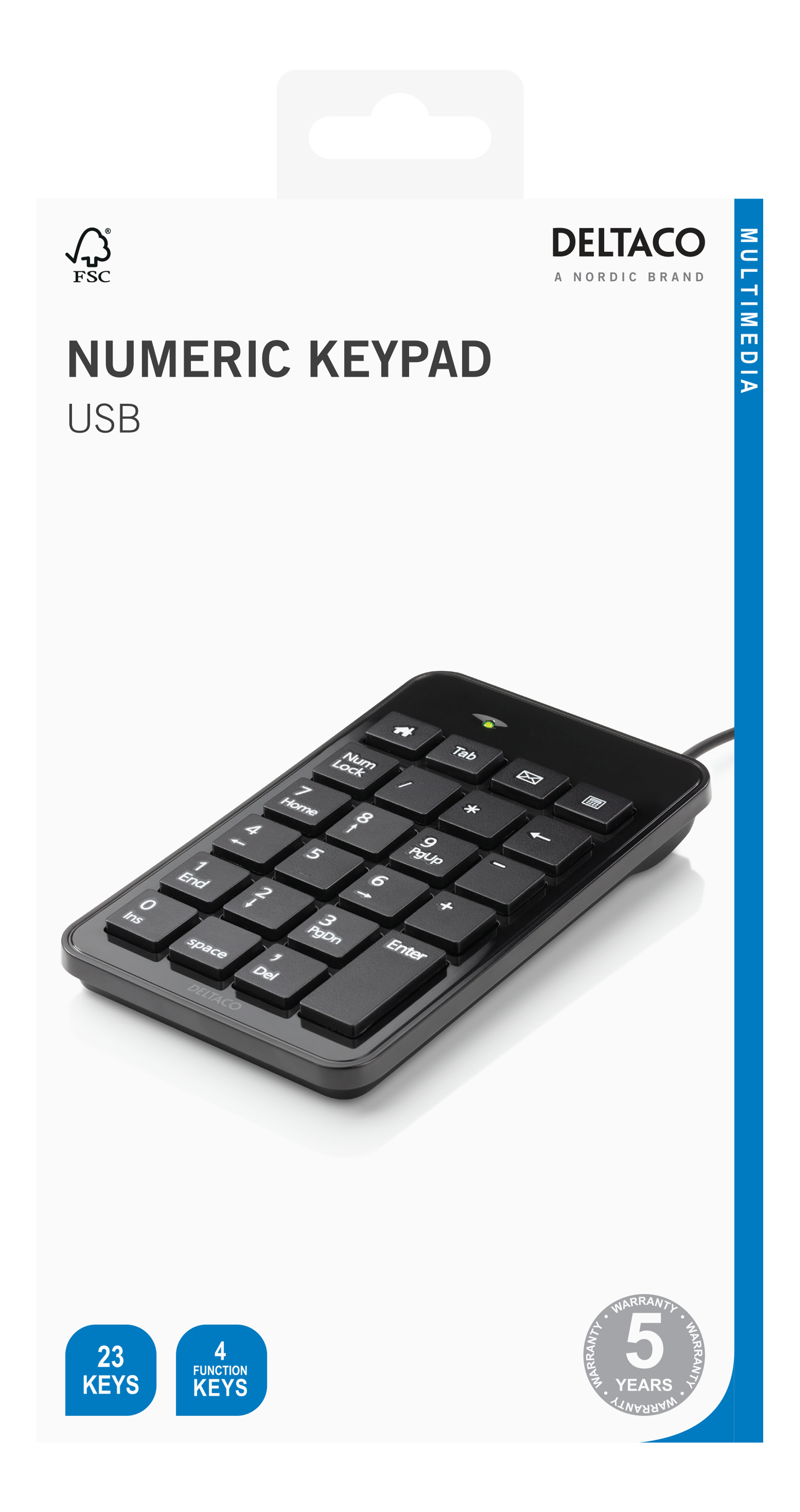 Deltaco Numeriskt tangentbord, 23 tangenter, 4 media tangenter, USB, svart - 2