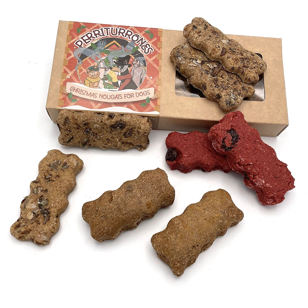 Large dog biscuits with several flavors; vegetarian, chicken and fish