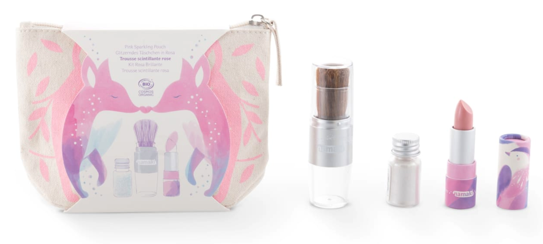 Pink dekoreret toilettaske med make-up og glimmer til børn