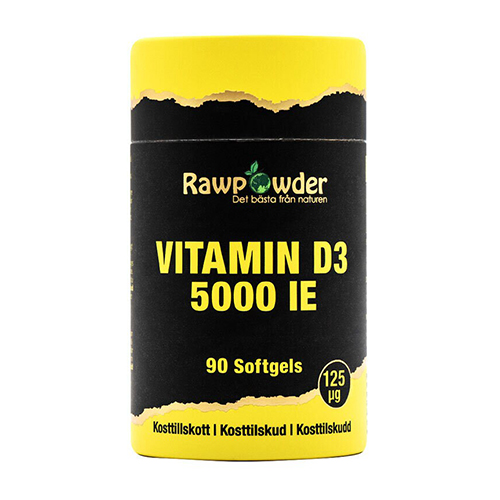 En rund hård pappburk  med texten Vitamin d3 5000 ie. Burken har färgen svart och gul. 