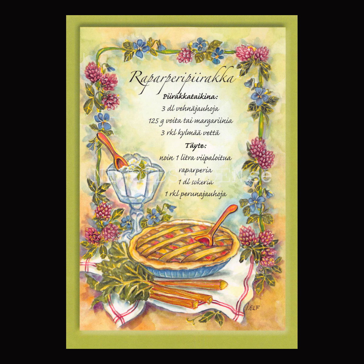 Raparperipiirakka Rabarberpaj - Reseptipostikortti  - Receptvykort - Ingrid Elf - 962