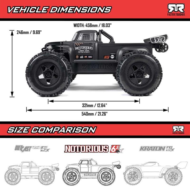 ARRMA 1/8 NOTORIOUS 6S V6 4X4 BLX Brushless Stunt Truck RTR, Black - 24