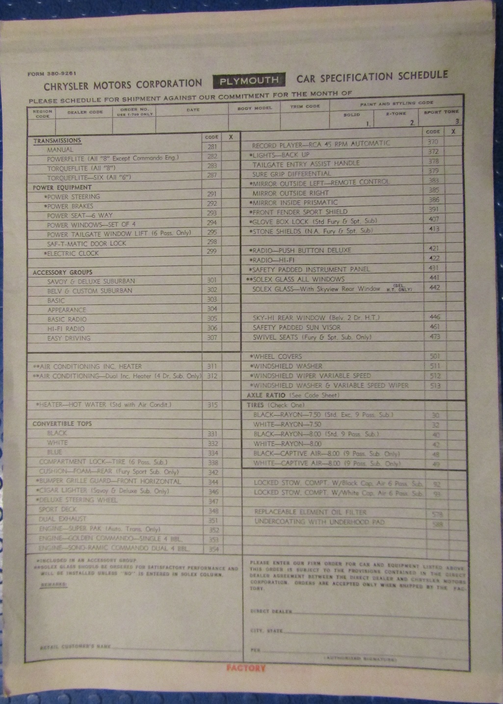 1960 Plymouth Order Form