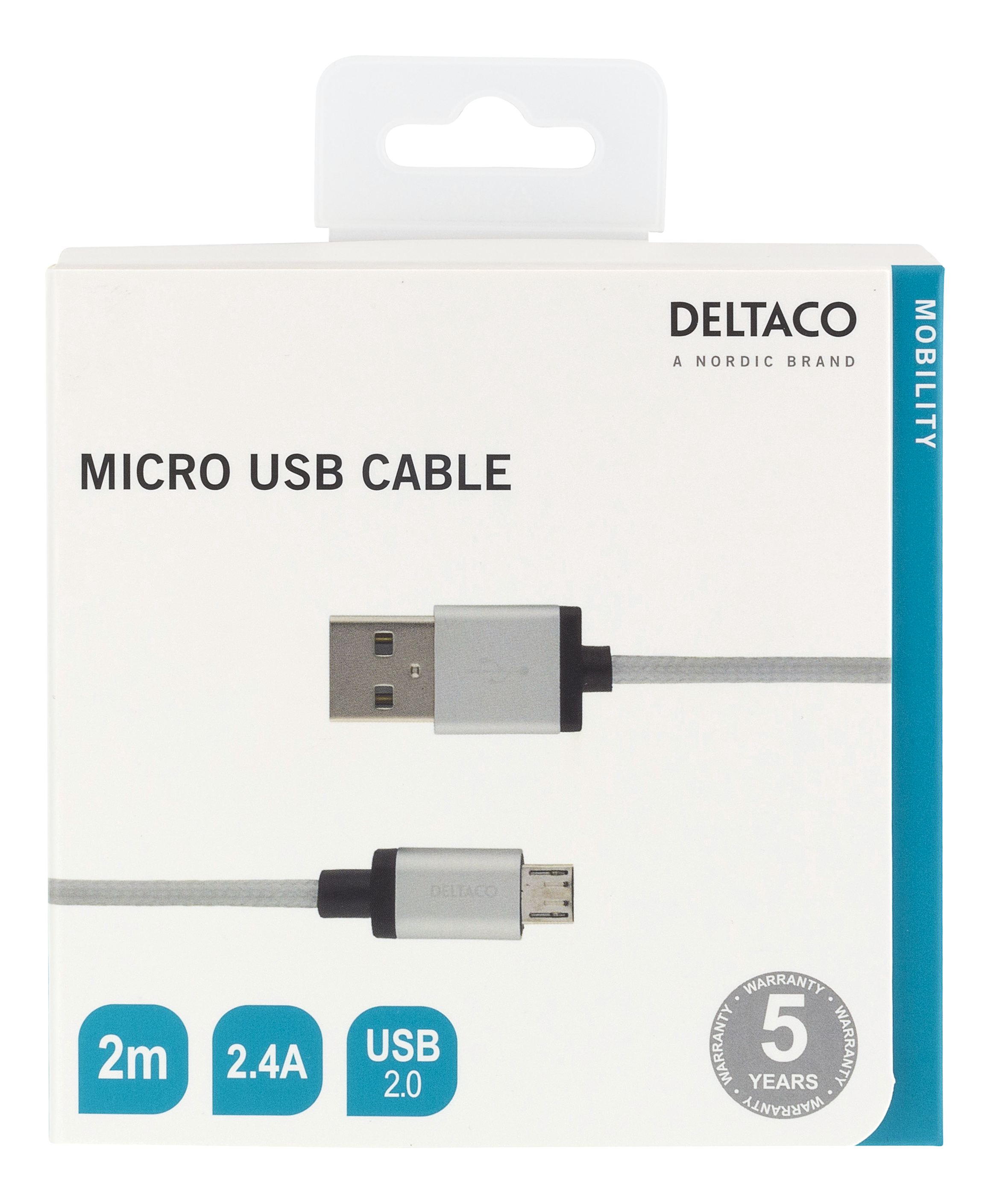 Deltaco USB-kabel, Tygklädd, Typ A ha - Typ Micro B, 2m, silver - 2