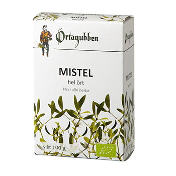 en vit stående pappförpackning med bild av grön mistel och texten MISTEL i stora bokstäver