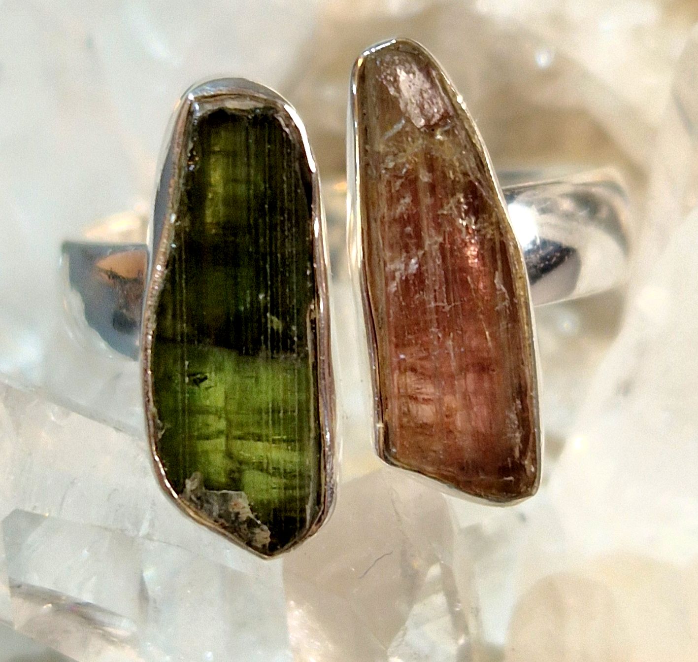 Ställbar Silver Ring - Rå Turmalin - Grön / Rosa