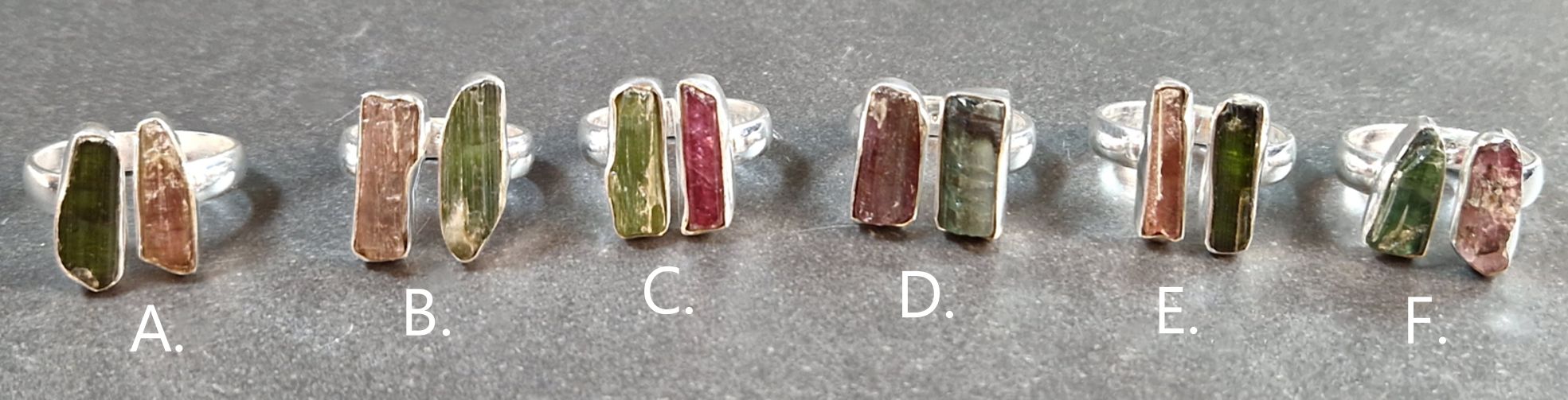 Ställbar Silver Ring - Rå Turmalin - Grön / Rosa - 2
