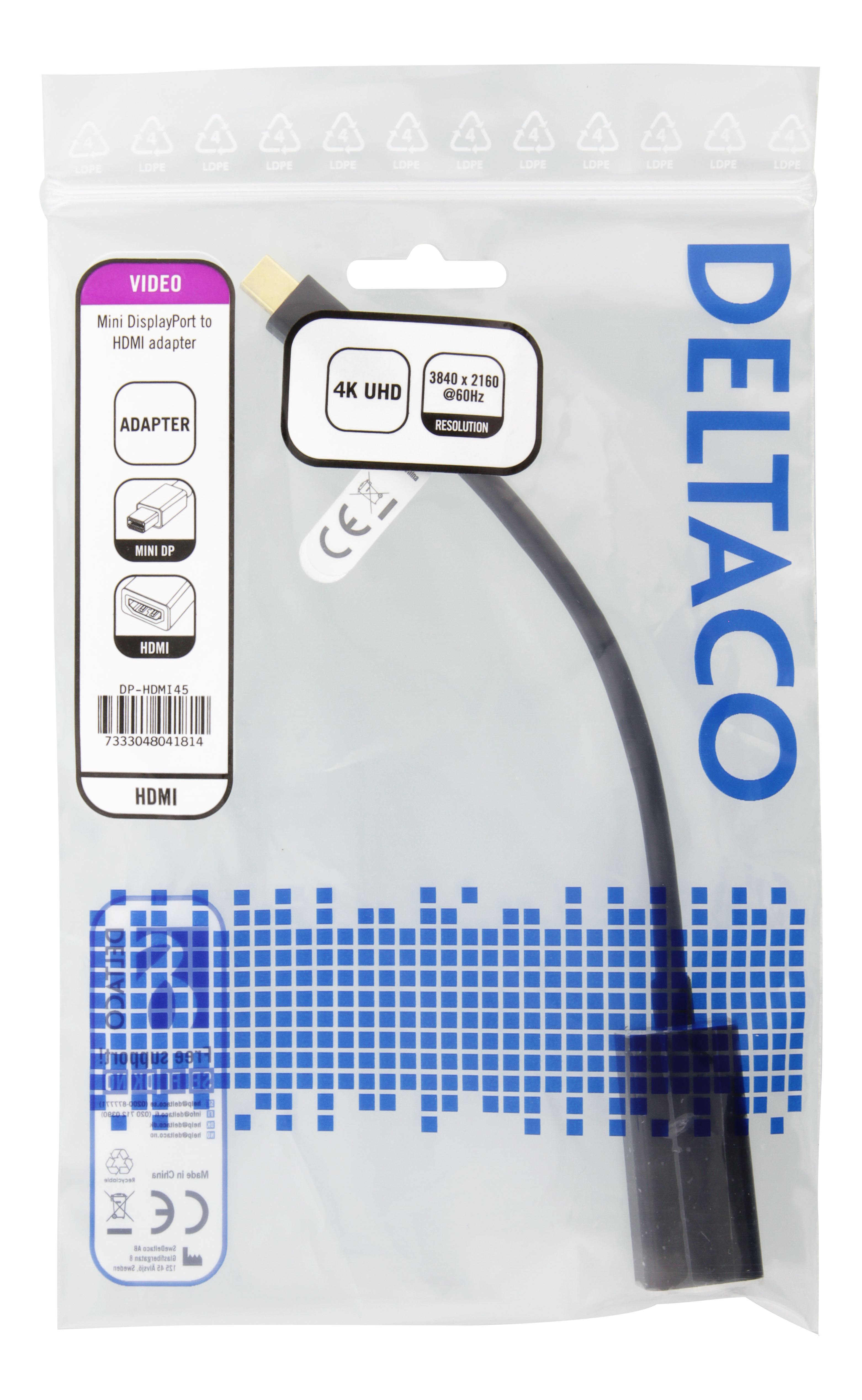 Deltaco Mini DisplayPort till HDMI adapter, 4K 60Hz, 0,2m, svart - 3
