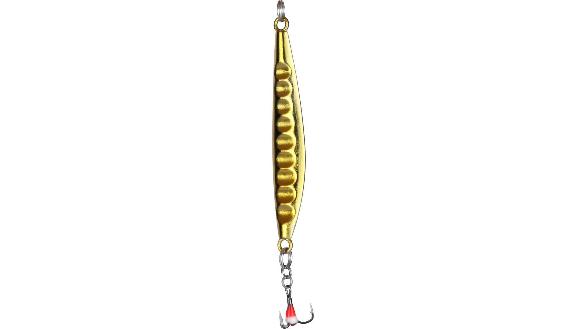 Guld vertikalpirk för pimpelfiske efter mycket och stor abborre. 65mm lång och 12g är en perfekt storlek till isfisket