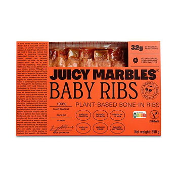 Juicy Marbles veganska baby ribs. Växtbaserade vegetariska revbenspjäll.