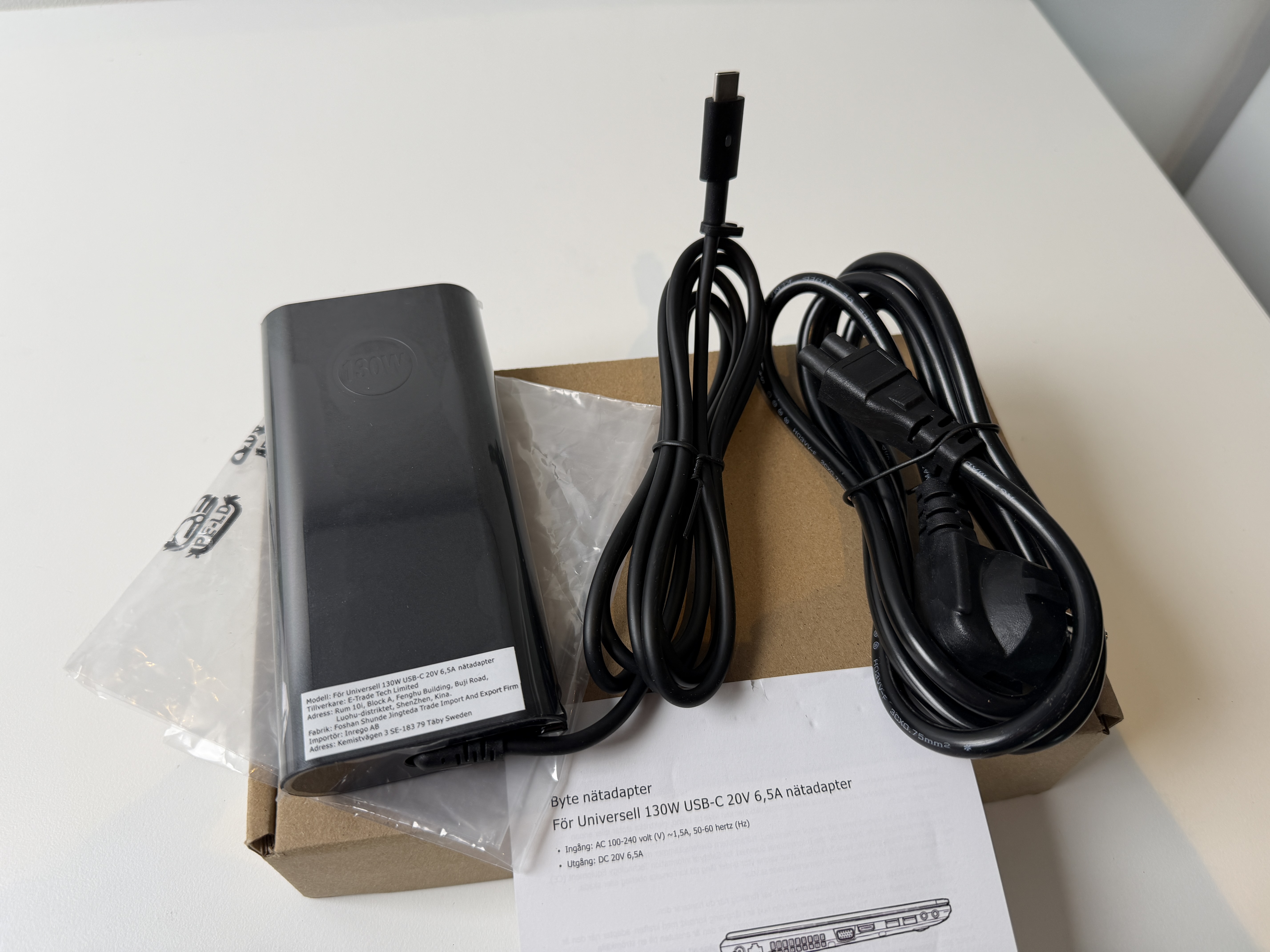 NY! 130W USB-C AC Adapter / Laddare  5V-20V 6.5A Max USB PD