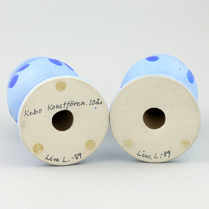 Lisa Larson (1989) Two Segmented Candleholders with Blue Decor 13 cm 