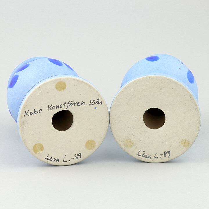 Lisa Larson (1989) Two Segmented Candleholders with Blue Decor 13 cm 