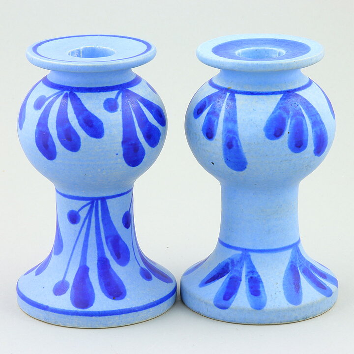 Lisa Larson (1989) Two Segmented Candleholders with Blue Decor 13 cm 