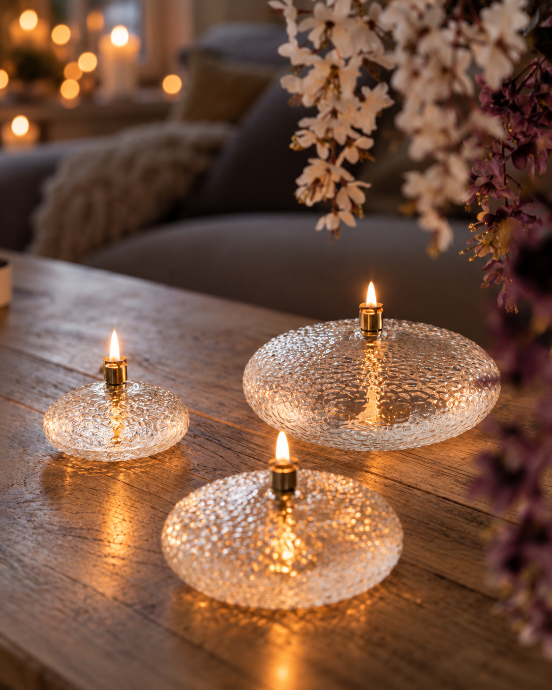 Oil lamp hammered glass - Disc - Brass - 14 cm